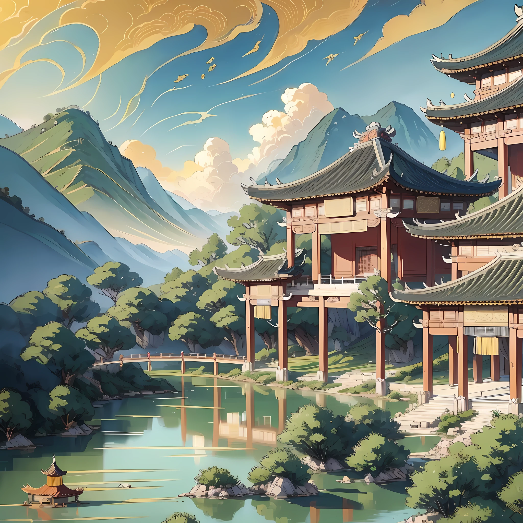 An ancient Chinese painting, ancient Chinese background, mountains, rivers, auspicious clouds, pavilions, sunshine, masterpieces, super detail, epic composition, ultra HD, high quality, extremely detailed, official art, unified 8k wallpaper, Super detail, 32k -- v 6 --auto --s2