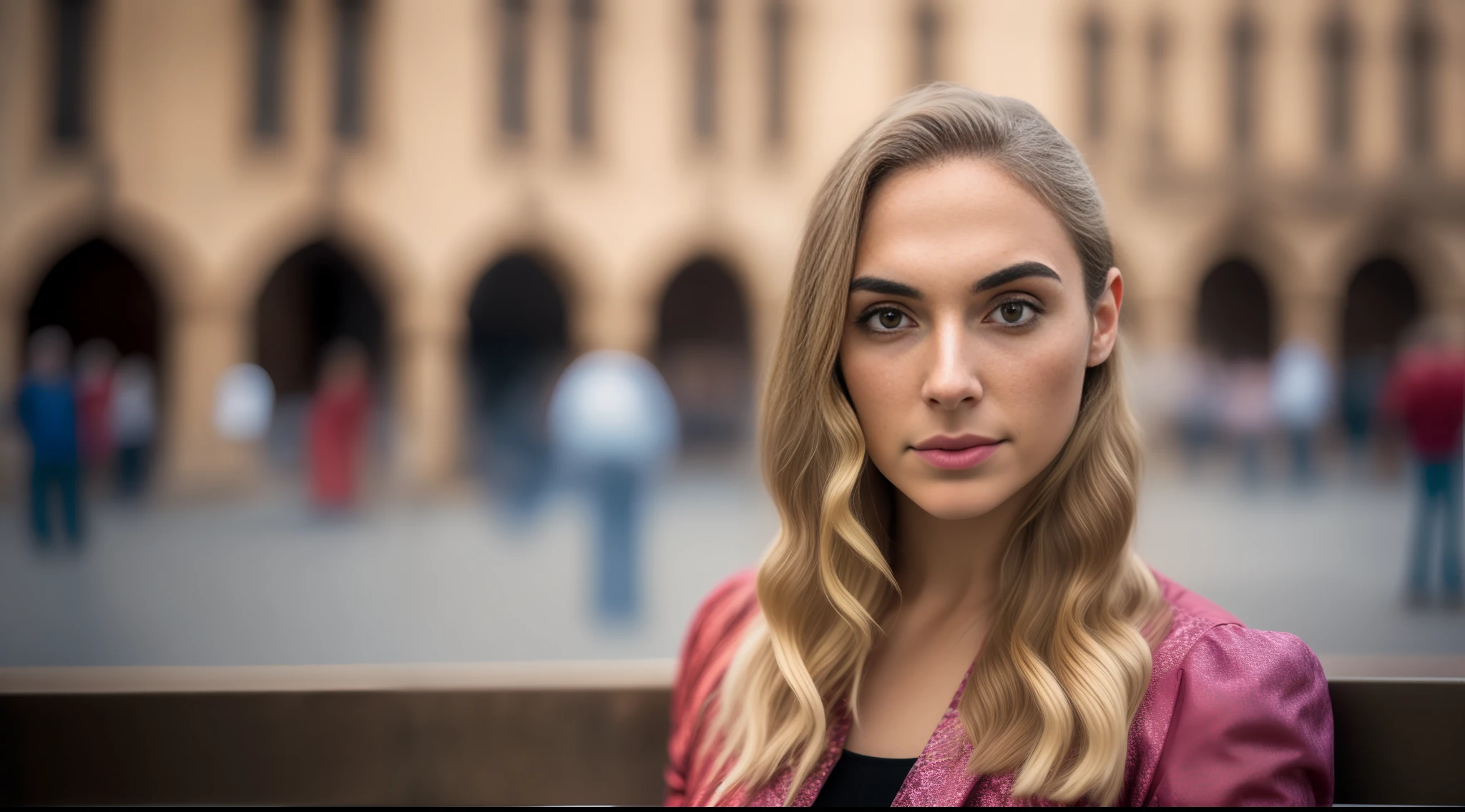 fking_scifi, fking_scifi_v2, portrait of a half-young, unpretty and unattractive Hebrew woman sitting on the bench in the town square, long blonde hair, colorful clothes, close-up, royal pose and attitude. fking_cinema_v2.