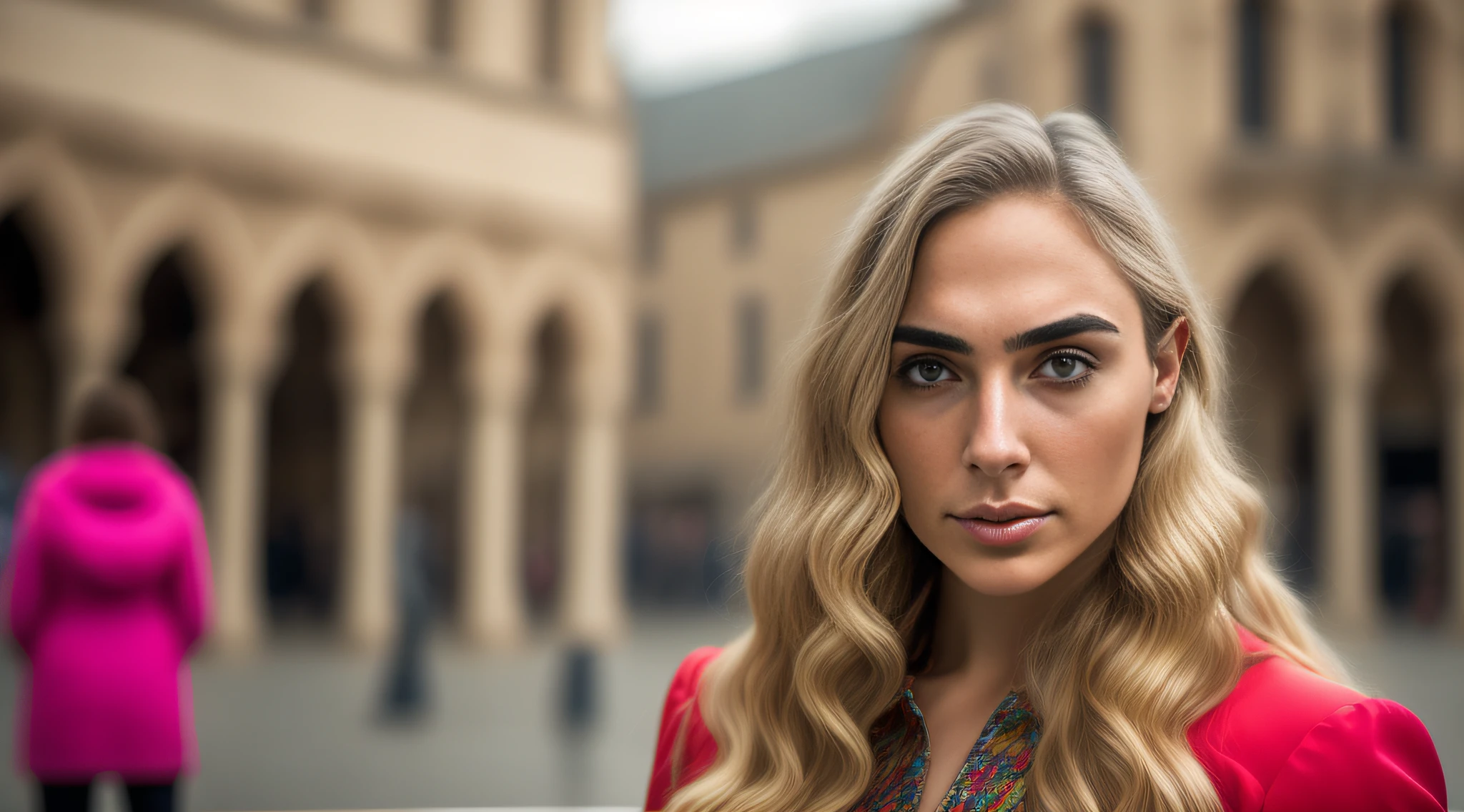 fking_scifi, fking_scifi_v2, portrait of a half-young, unpretty and unattractive Hebrew woman sitting on the bench in the town square, long blonde hair, colorful clothes, close-up, royal pose and attitude. fking_cinema_v2.