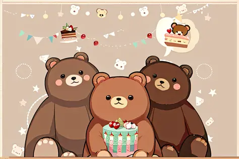 there is a bear with a piece of cake in its mouth, bear, teddy bear, half a bear, cute cartoon, brown bear, kawaii, bear carpet,...