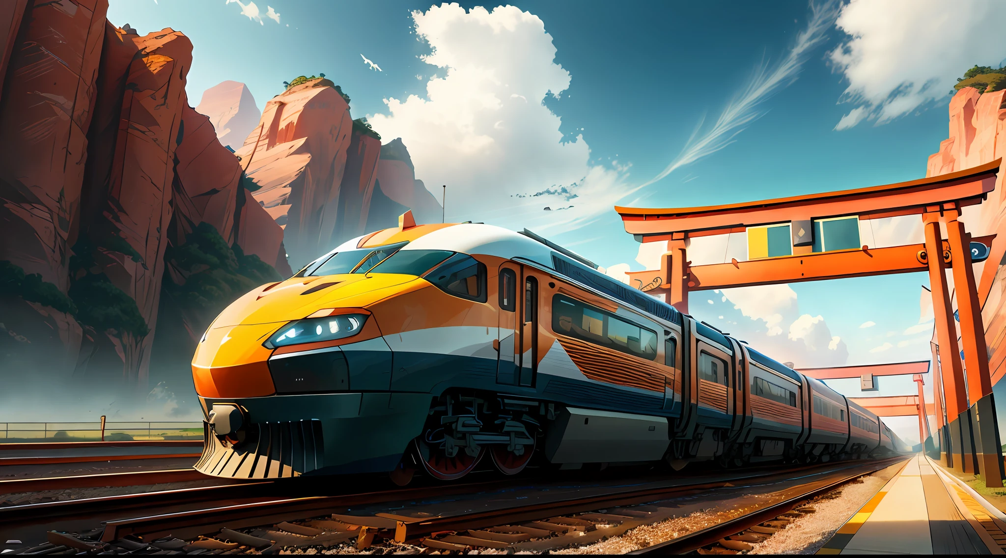 Train à grande vitesse moderne, torii, net et clair, très réaliste (poids: 1.4), HDR, 4k, créer une impression de panorama.