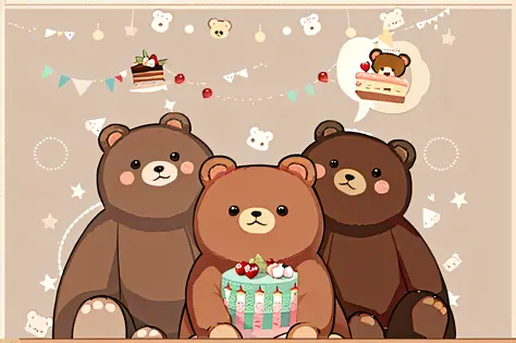 there is a bear with a piece of cake in its mouth, bear, teddy bear, half a bear, cute cartoon, brown bear, kawaii, bear carpet,...