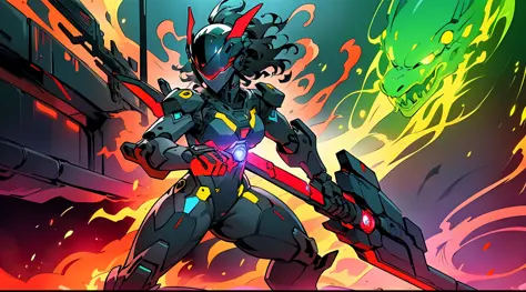 (((Masterpiece)), ((Best Quality)), 8K, High Detail, Ultra Detail, a cool girl mecha wearing a V-shaped helmet, wearing a black and yellow glowing mech suit, wielding a red glowing sword, battle pose action painting, background showing monster smoke.