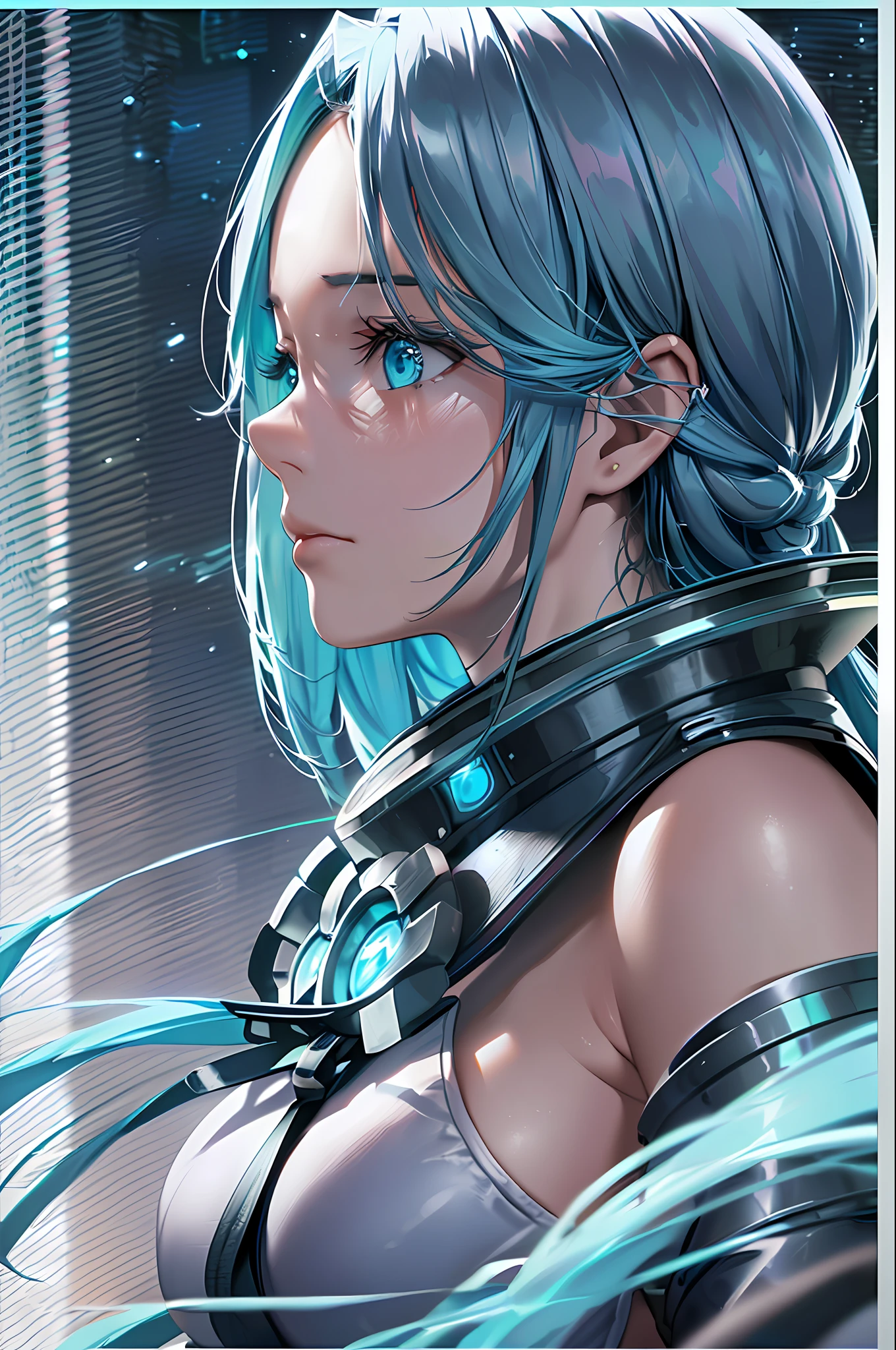 A close up of a person with blue hair and a futuristic outfit - SeaArt AI