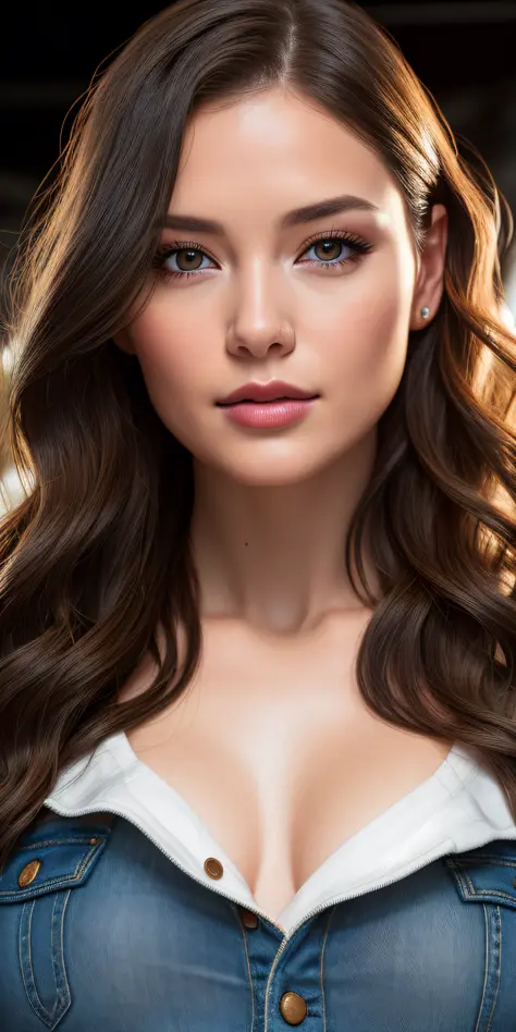 Full face portrait photo of 25 year old European girl, RAW, beautiful woman, semi-open strawberry lip, dimples, wistful expression, (brown hair with extra long wavy), ((detailed face)), ((detailed facial features)), (fine detailed skin), pale skin, cyberpu...