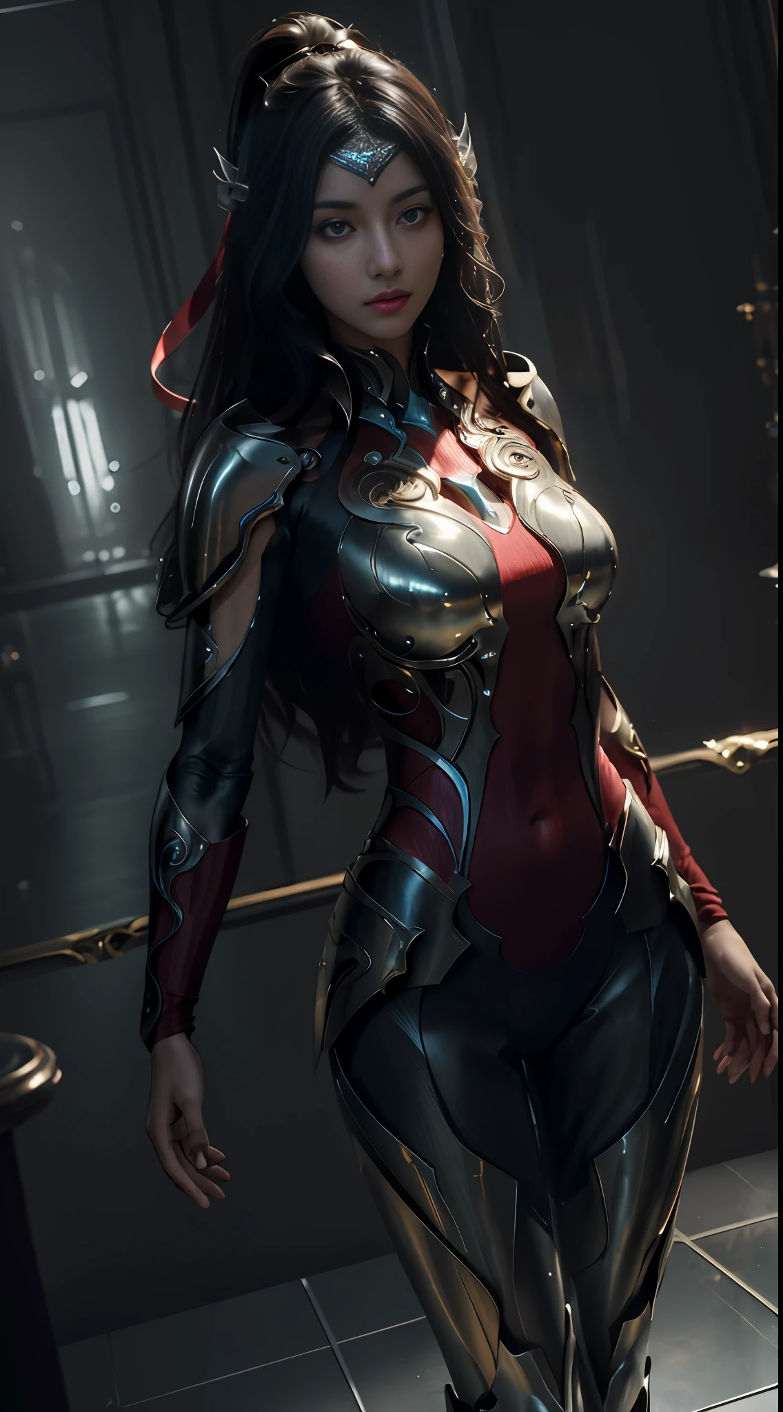 ((masterpiece, ultra detailed)), concept art, illustration, digital art, 1girl, solo, mature woman, irelia, ribbon, arm ribbon, ((stunningly beautiful)), medium breasts, beautiful eyes, beautiful body, dynamic pose, stylish pose, crossed arms, standing and looking to camera, (glass floor, glass-like floor), ethereal atmosphere, volumetric light, cinematic lighting, dramatic lighting, (ornate), intricate, highly detailed, sharp focus, hyper realistic, lumen reflections, trending on artstation, award winning, fascinating, elegant, RAW photo, absurdres, highres, 4k, studio quality, 8k uhd, close-up，mecha body