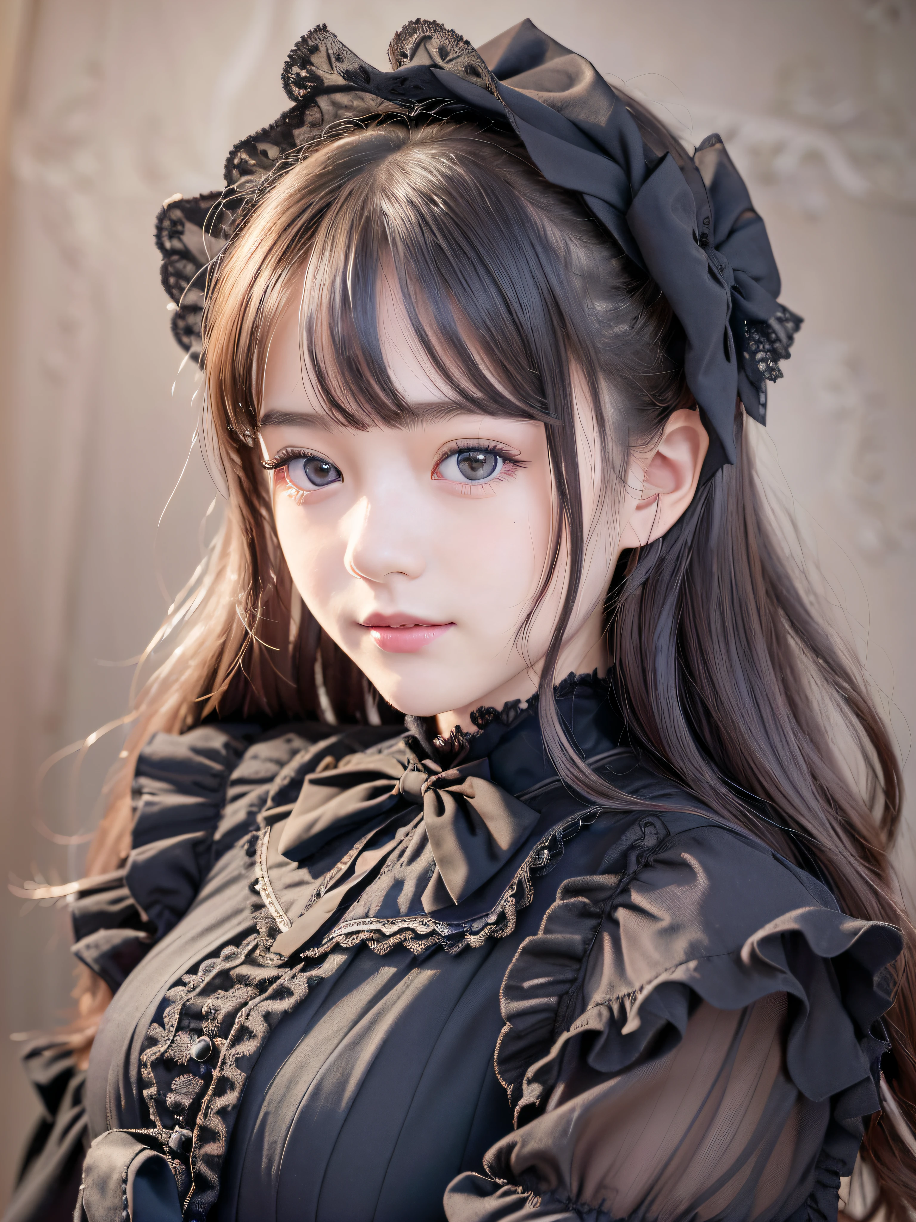 1 nogizaka girl, utterly cute, bishojo, 14yo, (gothic lolita fashion), an exquisitely detailed and beautiful face and eyes and skin, detailed black shine hair, elegant frills, frilled tie, ribbon tie, rose hair accessory, (smile at the camera), (cowboy shot), (castle in europe), professional lighting, BREAK, (realistic, photo-realistic:1.37), 8k, (masterpiece), (best quality:1.4), (ultra high res:1.2), (RAW photo:1.2), (a dress with delicate lace, soft fabric, and a beautiful rose pattern), perfect anatomy, 4fingers and 1thumbs, ultra detailed background, (unity 8k wallpaper)