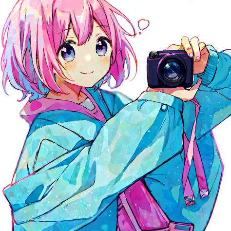 anime girl with pink hair holding a camera and smiling, ig studios anime style, anime moe artstyle, in an anime style, sayori, a...