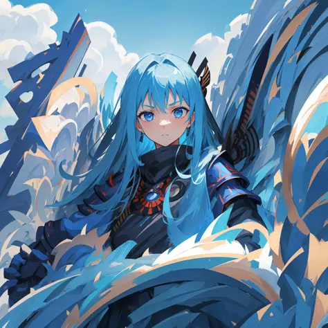 Girl, long sky blue hair, dark blue eyes, fierce expression, back to the camera, side face, katana, samurai armor