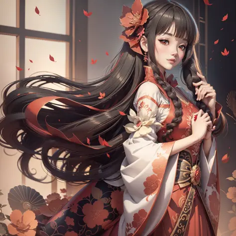 anime girl with red flowers and red dress in hair, waist pinching pose, palace, hanfu girl, inspired by ma wonwoo, korean art no...