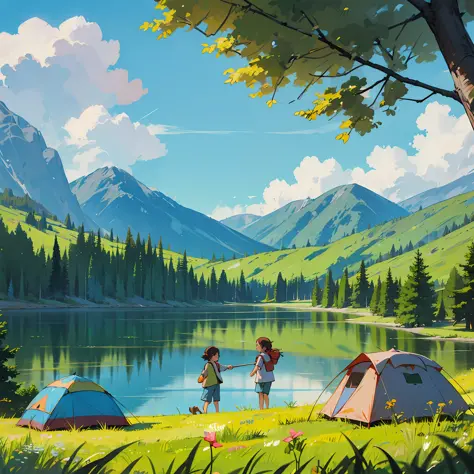 Warm colors, sunny, meadows, lake, camping, family of four, frolicking --auto --s2