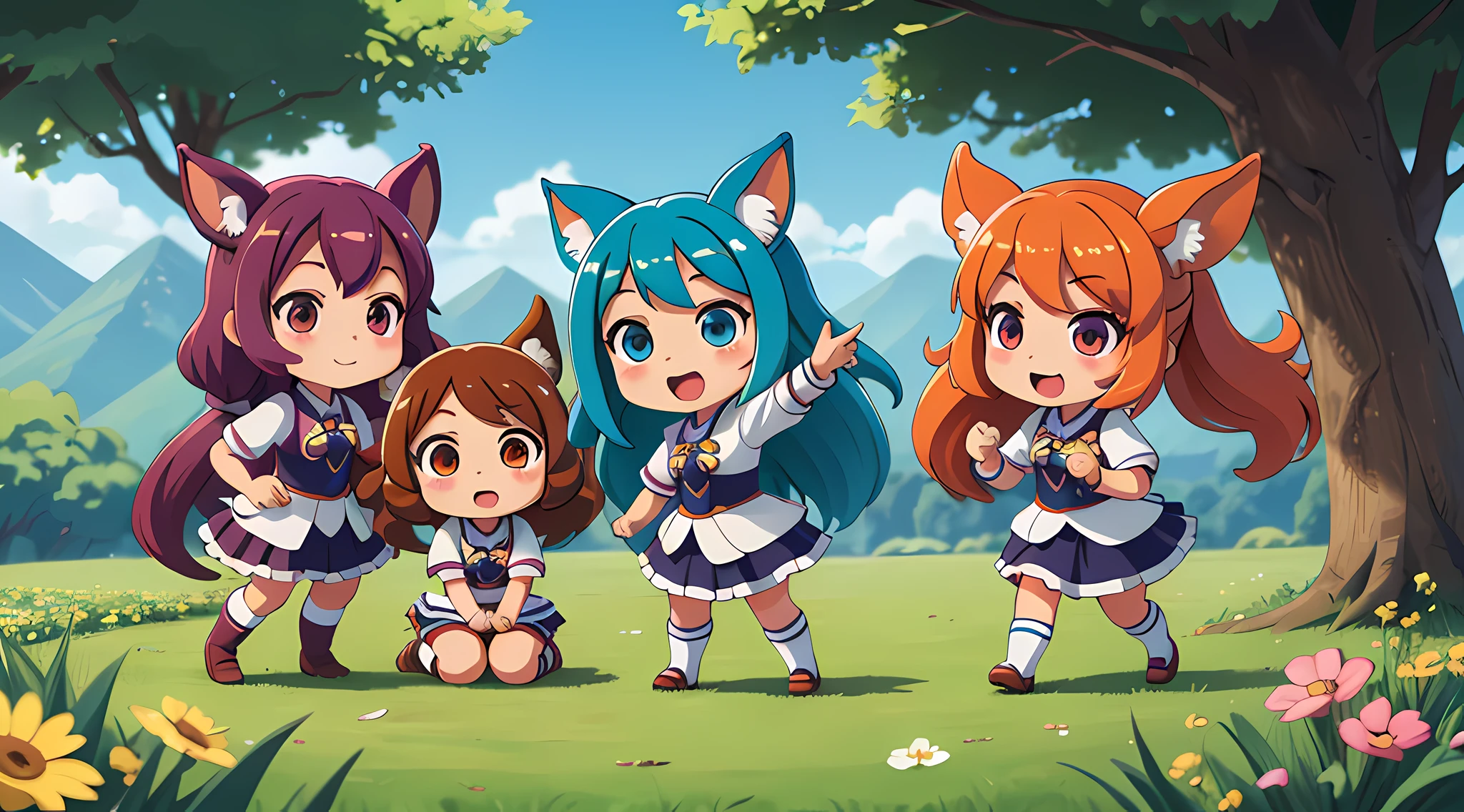 alta qualidade, papel de parede, 4 pessoas, Chibi Chara, Uma Musume, Uma Yuru, natureza legal, Machikane Tanhuiza, duplo turbo, Ichnodictus