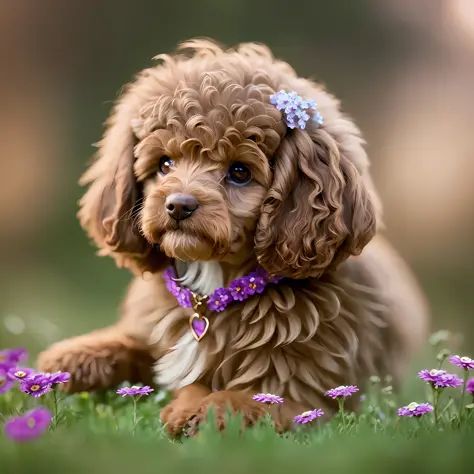 there is a brown dog laying in the grass with purple flowers, detailed portrait shot, cute woman, portrait shot, cute dog, detailed portrait, dreamy and detailed, closeup portrait shot, award - winning pet photography, cute portrait, pretty girl, flower ch...