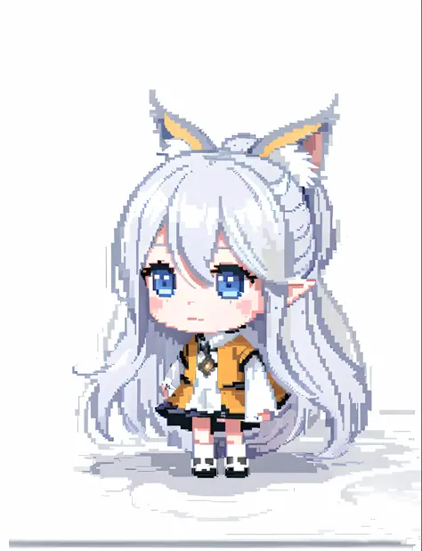 (Faint smile, best quality) a close-up of pixel art Long-Haired Girl, Maple Story Style, Visual Novel Elf, Silver Hair (Ponytail), Chibi, White ( Cat) Girl, Maple Island Mouse, Silver Girl, Pale Young Ghost Girl, Girl Silver Hair, Chibi Girl,