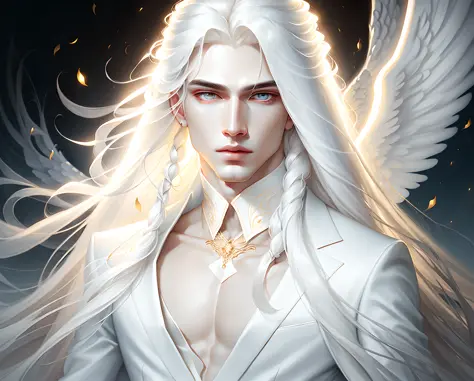 masterpiece, highest quality, (solo focus), (perfect face:1.1), (high detail:1.1),dramatic, (an alluring albino angel guy with l...