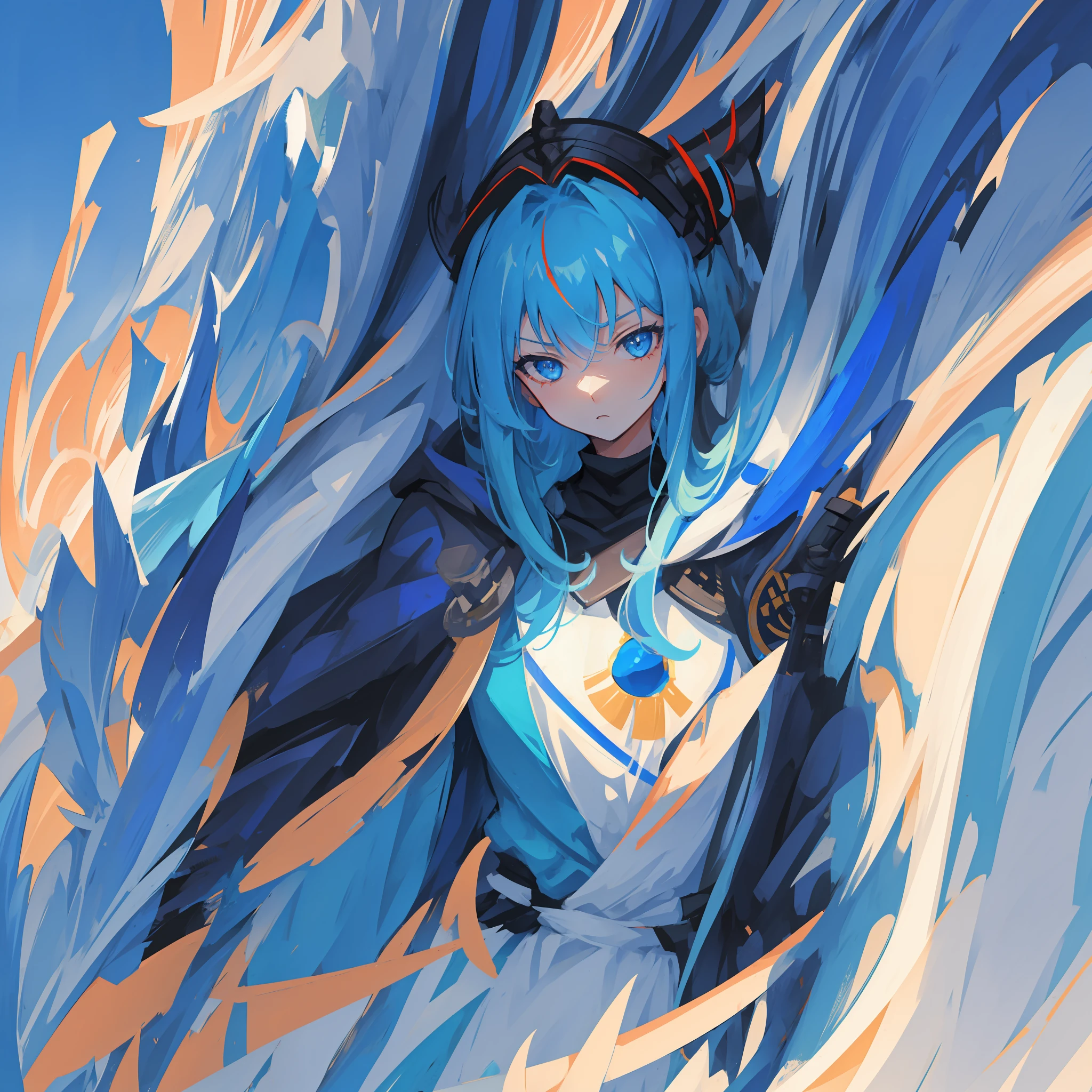 Girl, long sky blue hair, dark blue eyes, fierce expression, katana, samurai armor