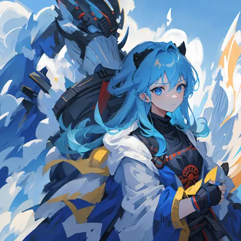 girl, long sky blue hair, dark blue eyes, fierce expression, katana, samurai armor