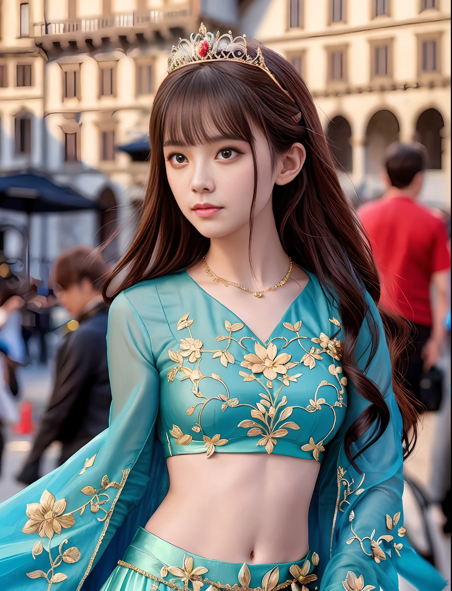 Model shooting style, (extremely detailed CG Unity 8k wallpaper), full-shot body photo of the most beautiful artwork in the world, stunning beautiful photo realistic available, super realistic super detailed photo, a beautiful girl as a female dancer on the streets of Florence, navel, complex dress, banquet, crowd, [slight smile], (Palazzo Vecchio and Piazza della Signoria background), (princess eyes, shining pupils), detailed symmetrical beautiful hazel eyes, detailed gorgeous face, highly detailed, Vibrant, professional majestic oil painting by Ed Blinkey, Atey Ghailan, Studio Ghibli, Jeremy Mann, Greg Manchess, Antonio Moro, ArtStation Trends, CGSociety Trends, Complex, High Detail, Sharp Focus, Dramatic, Realistic Painting Art, by Midjourney and Greg Written by Rutkowski