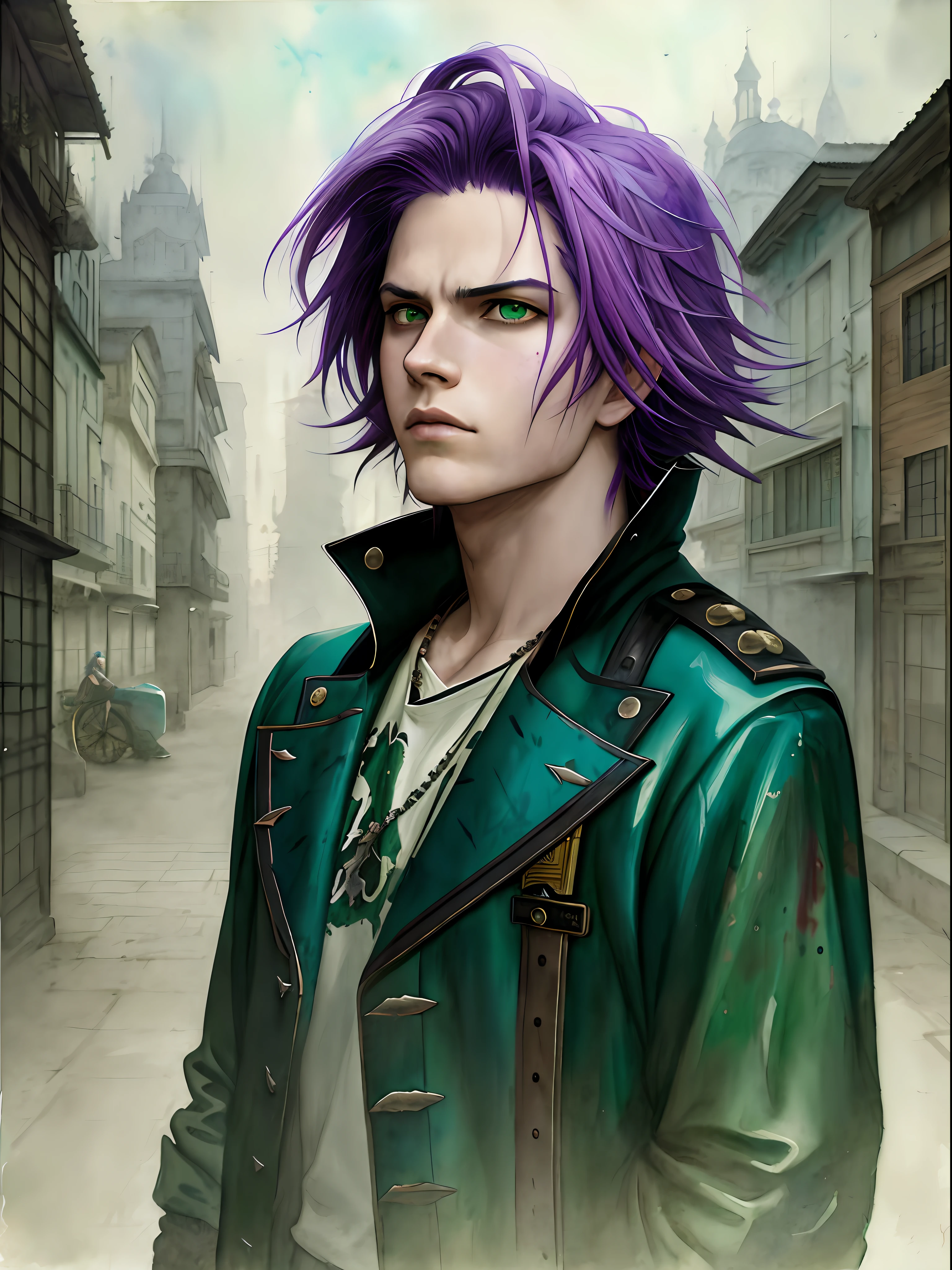 (masterpiece), anime, (photo_\(medium\):1.0), by Antonio J. Manzanedo, by Jeremy Lipking, 1boy, in a surreal city landscape, painting style with watercolor, brushstrokes, green eyes, wildly purple hair, punk clothes, urban mage style, synth wave, inkpunk