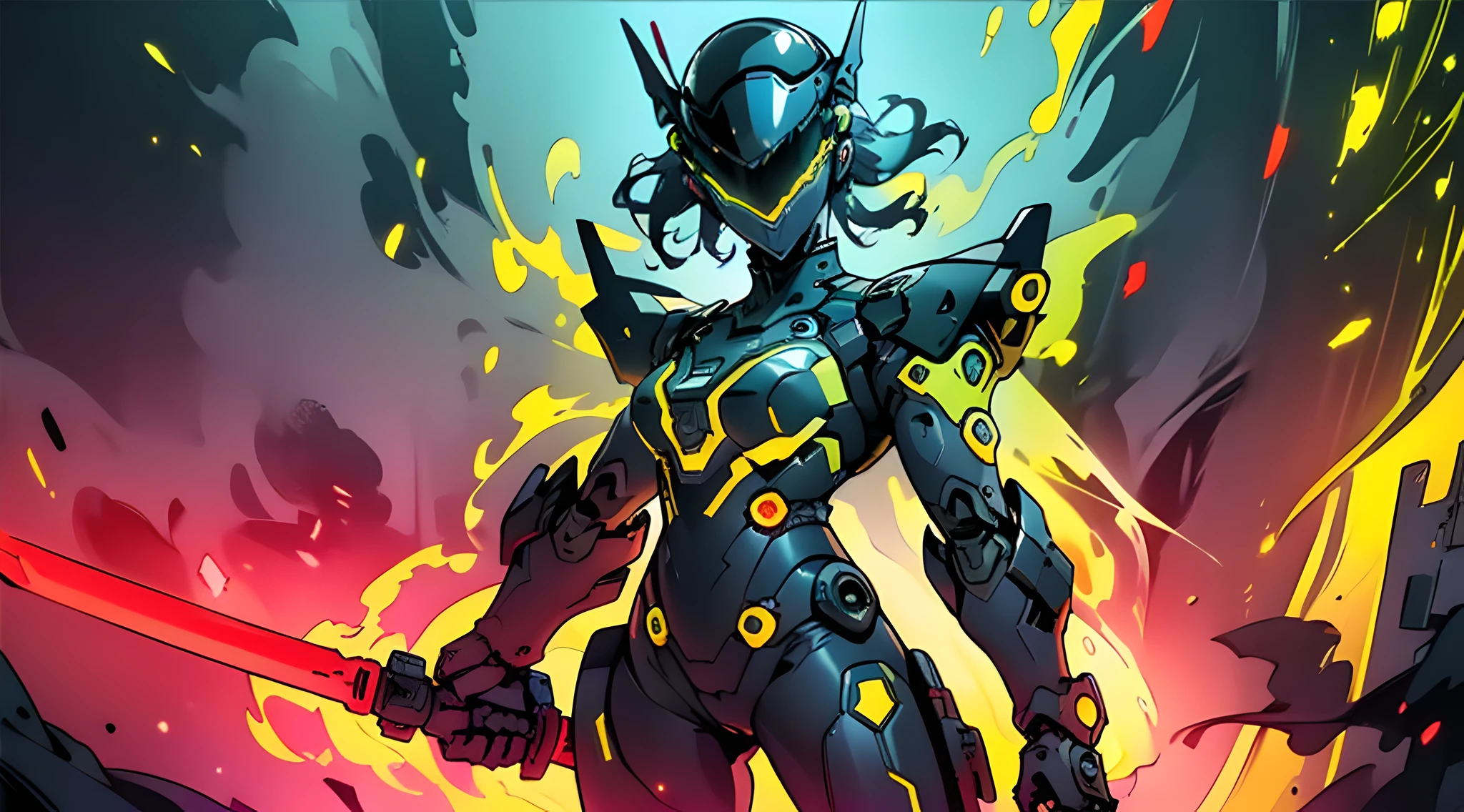 (((Masterpiece)), ((Best Quality)), 8K, High Detail, Ultra Detail, a cool girl mecha wearing a V-shaped helmet, wearing a black and yellow glowing mech suit, wielding a red glowing sword, battle pose action painting, background showing monster smoke.