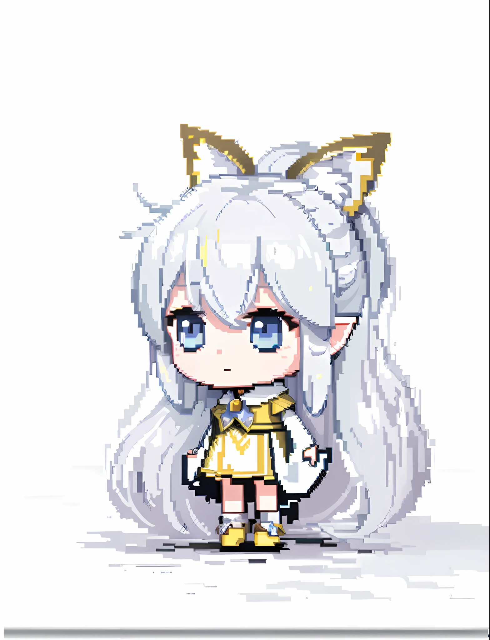 (léger sourire, meilleure qualité) a close-up of pixel art Long-Haired fille, style d&#39;histoire d&#39;érable, Elfe du roman visuel, cheveux argentés (queue de cheval), chibi, blanc ( chat) fille, Souris de l&#39;île Maple, Silver fille, Pale Young Ghost fille, fille cheveux argentés, chibi fille,Robe jaune