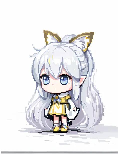 (Faint smile, best quality) a close-up of pixel art Long-Haired Girl, Maple Story Style, Visual Novel Elf, Silver Hair (Ponytail), Chibi, White ( Cat) Girl, Maple Island Mouse, Silver Girl, Pale Young Ghost Girl, Girl Silver Hair, Chibi Girl,yellow  dress
