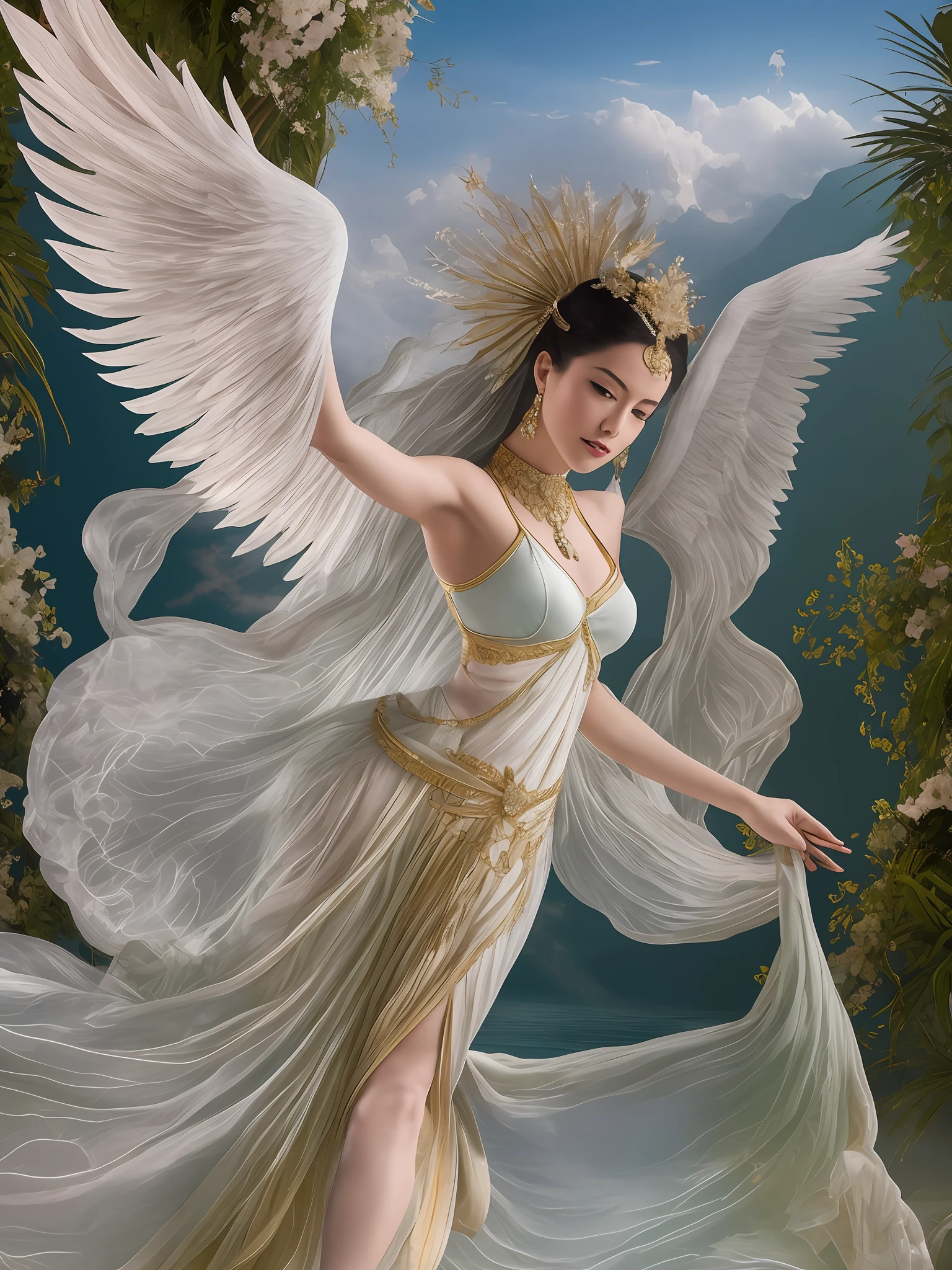 A color photo of a dance performance, beautiful angel face，realitic，set against a backdrop of a heavenly palace in the clouds, next to the Jade Pool. The dancer is wearing an elegant and flowing costume, with long trailing sleeves that resemble feathered wings. The erotic dancer's movements are graceful and fluid, as if she is flying in the sky. The atmosphere is divine and serene. The photo utilizes specific camera settings, including a particular camera model, film type, and lens techniques. A collaboration of creative professionals from various fields will work together to uniquely capture the beauty and magic of the dance --auto --s2