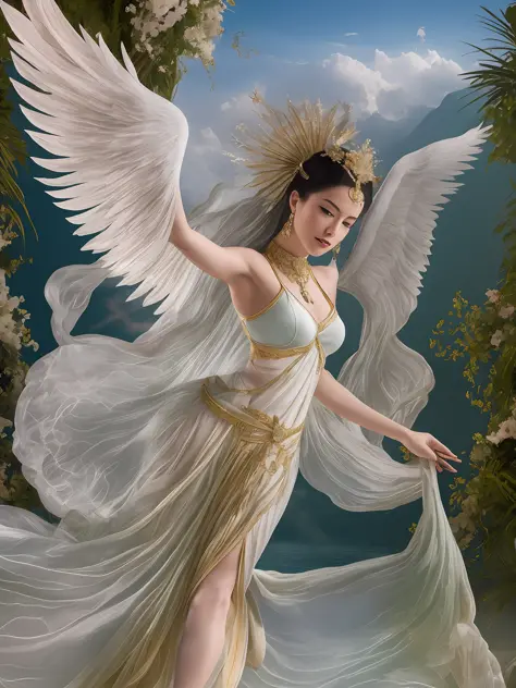 a color photo of a dance performance, beautiful angel face，realitic，set against a backdrop of a heavenly palace in the clouds, n...