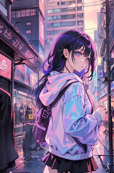 anime girl in the rain with a backpack and a backpack, anime style 4 k, cyberpunk anime girl in hoodie, 4k anime wallpaper, anim...
