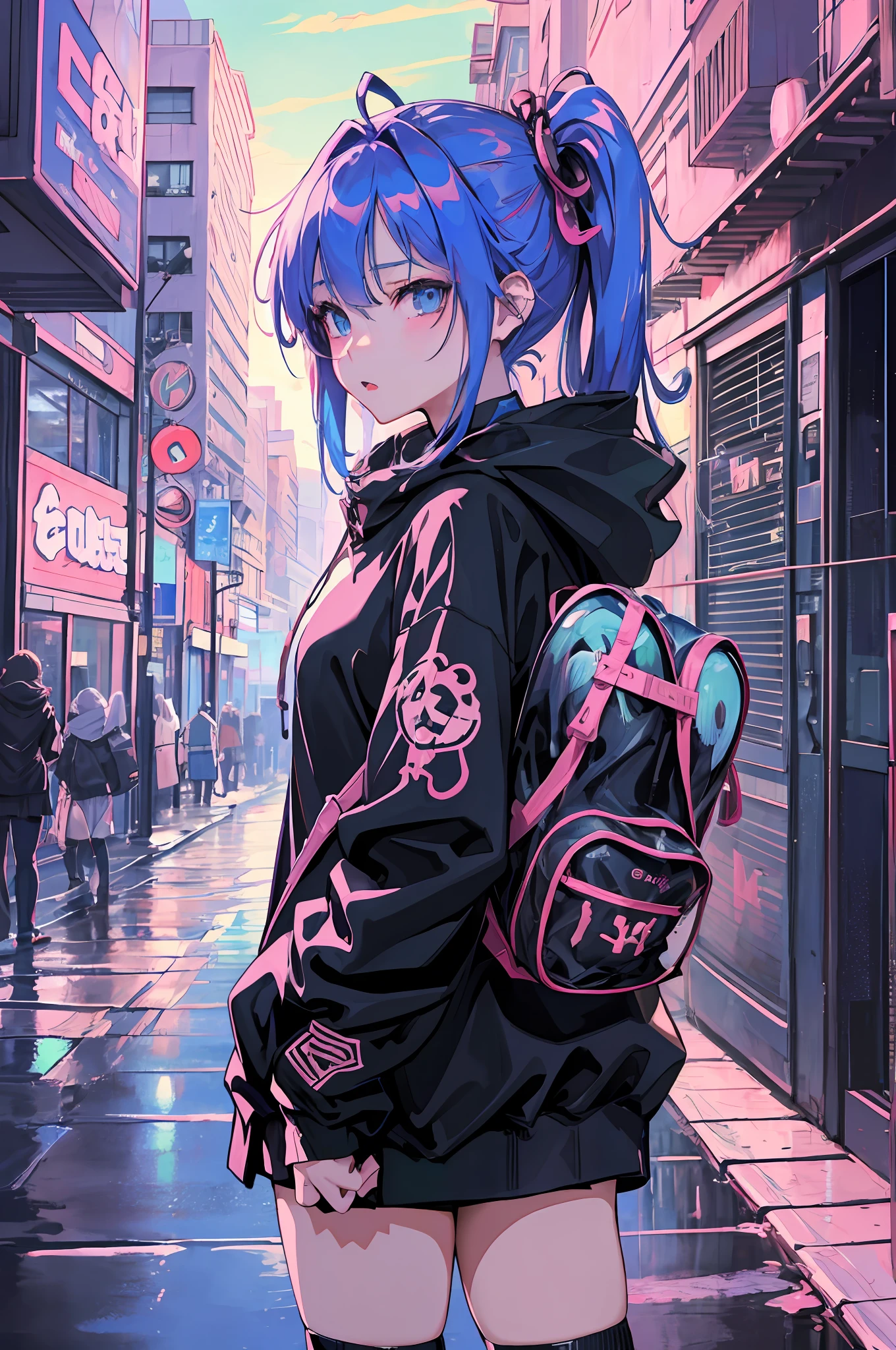 anime girl in the rain with a backpack and a backpack, anime style 4 k, cyberpunk anime girl in hoodie, 4k anime wallpaper, anime art wallpaper 8 k, anime art wallpaper 4k, anime art wallpaper 4 k, anime wallpaper 4k, anime wallpaper 4 k, anime style. 8k, badass anime 8 k, digital cyberpunk anime art