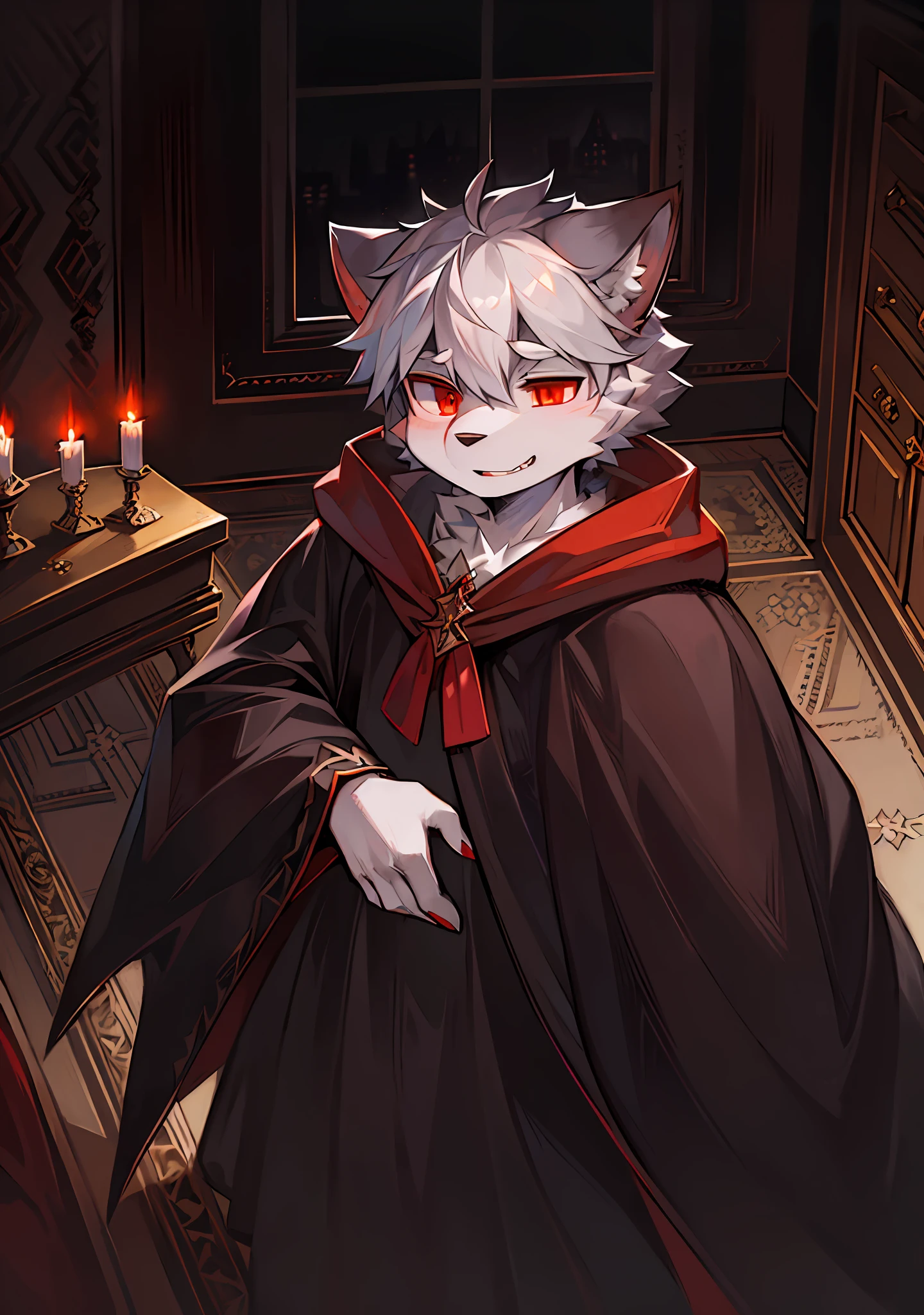 (Dark environment: 0.8), bright eyes, panorama, character focus. (Background: 0.7), Solo, Furry, Furry Male, Male Focus, Anthr, (Full Body Fur, Fluffy Tail, White Fur, Red Eyes, Gray Hair: 1.2), (Canids, Vampires, Cloak: 1.2), (Interior, Night, Castle, Coffin: 1.1)