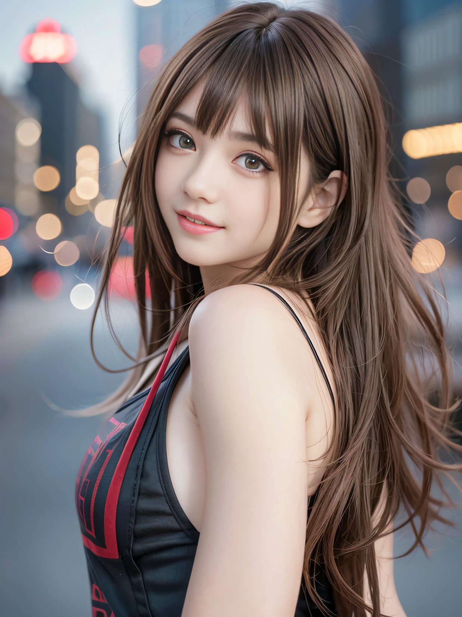 (8k raw photos, top quality, masterpiece, 8k-UHD), (realistic, photorealistic: 1.37), (anatomically accurate and realistic skin), ultra high resolution, depth of field, film lighting, film grain, very cute 16 year old girl, tips, colored contact lenses, long eyelashes, bags under the eyes, cute face, highly detailed eyes and hair, skin with beautiful details, happy smile, brown hair, thick bangs, shiny hair, curly, red eyes, urban, cityscape,