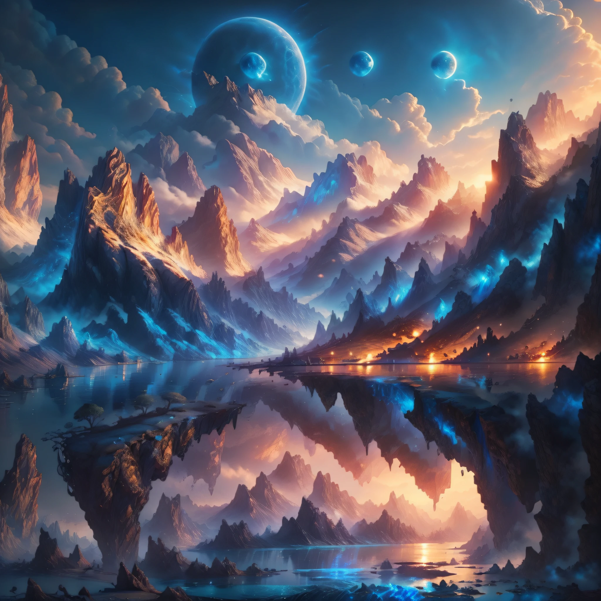 Berge und ein See mit einem Mond am Himmel, 4K hochdetaillierte digitale Kunst, 4 k HD-Hintergrundbild sehr detailliert, beeindruckende Fantasielandschaft, Sci-Fi-Fantasy-Desktop-Hintergrund, Unreal Engine 4K-Hintergrundbild, Detaillierte digitale Kunst in 4K, Science-Fiction-Fantasie-Tapete, epische traumhafte Fantasylandschaft, 4k HD matte digitale Malerei, Atemberaubende 8k-Kunstwerke