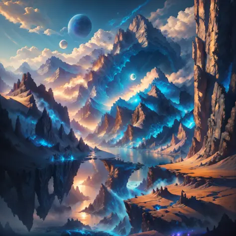 mountains and a lake with a moon in the sky, 4k highly detailed digital art, 4 k hd wallpaper very detailed, impressive fantasy ...