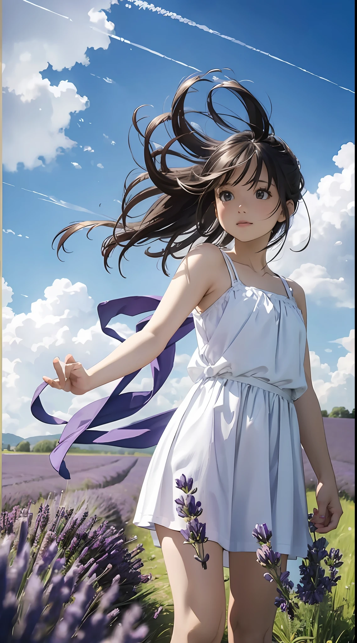 lavender field, blue sky, white cumulonimbus, contrails, shining sun, lavender flowers shimmering in the wind, photo quality, live action, reality, transparency, realistic depiction, 8K quality, UHD, DSLR, high quality, film grain, fujifilm XT3, girl in white camisole dress, standing figure, barefoot, hair swaying in the wind, hair up to shoulders, big, big eyes,