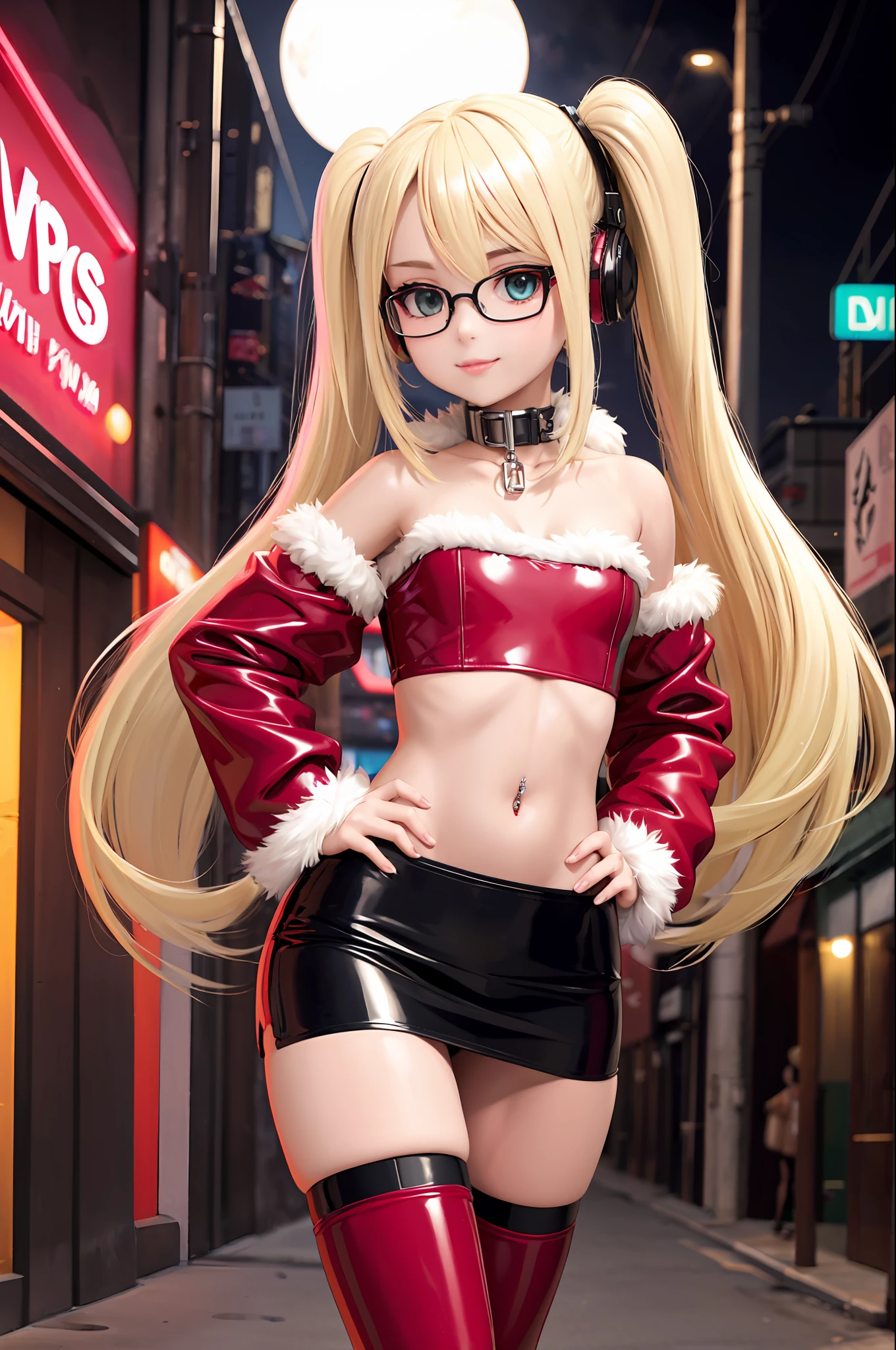 bellybutton piercing ,Little  girl, petite, (loli:1) ,( flat chest :1)  , (red latex:1), red strapless latex tube top , big lips, thighhighs, girl, walking, nighttime, cyberpunk street, neon sign, (bondage:1), glasses, (platinum blonde hair:1.5) ,long hair, twintails, (headphones:1), red latex  miniskirt ,slave collar, midriff, high-quality, masterpiece, 4k,  8k, (wearing an open fur jacket:1),, fur trim, (forehead:1), swept bangs, seductive smile, (detailed face:1)