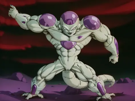 Frieza, transformed into final form, Dragon Ball Z, Frieza Dragon Ball, beautiful face, serious, tail, red eyes, perfect body, fit body, abs, big muscles, painful face, female genitalia
