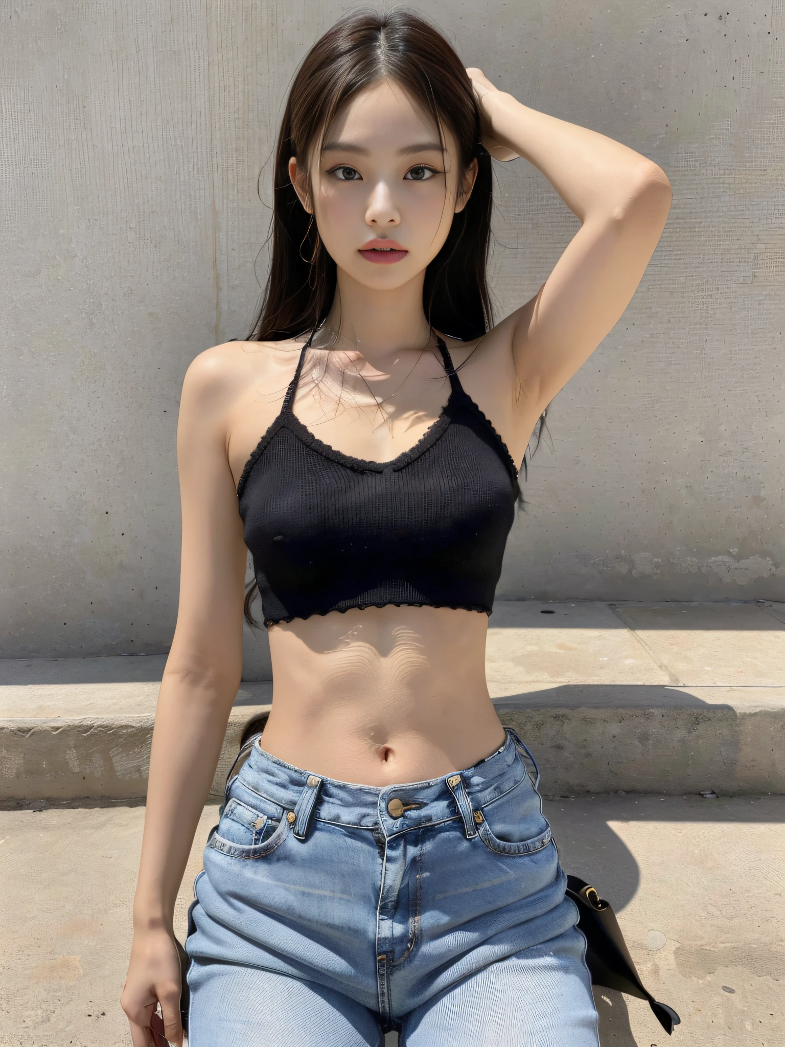 (1girl:1.3), Solo, __body-parts__, Kim Ji-ni Jennie Face, Kim Ji-ni Jennie Face, Kim Ji-ni Jennie Face, Knitted Black and Gray Deconstructed Top, Loose Fat Jeans (to the knee), Loose, Washed Old, Full Body Shot, 16K Resolution Image, Intricate Symmetrical Details. (Best Quality, 4K, Masterpiece: 1.3), Pretty Woman, 1 Girl, (Breasts, Skinny, Slim Figure: 1.2), Abs: 1.1, Ultra-detailed face, Detailed lips, Detailed eyes,
