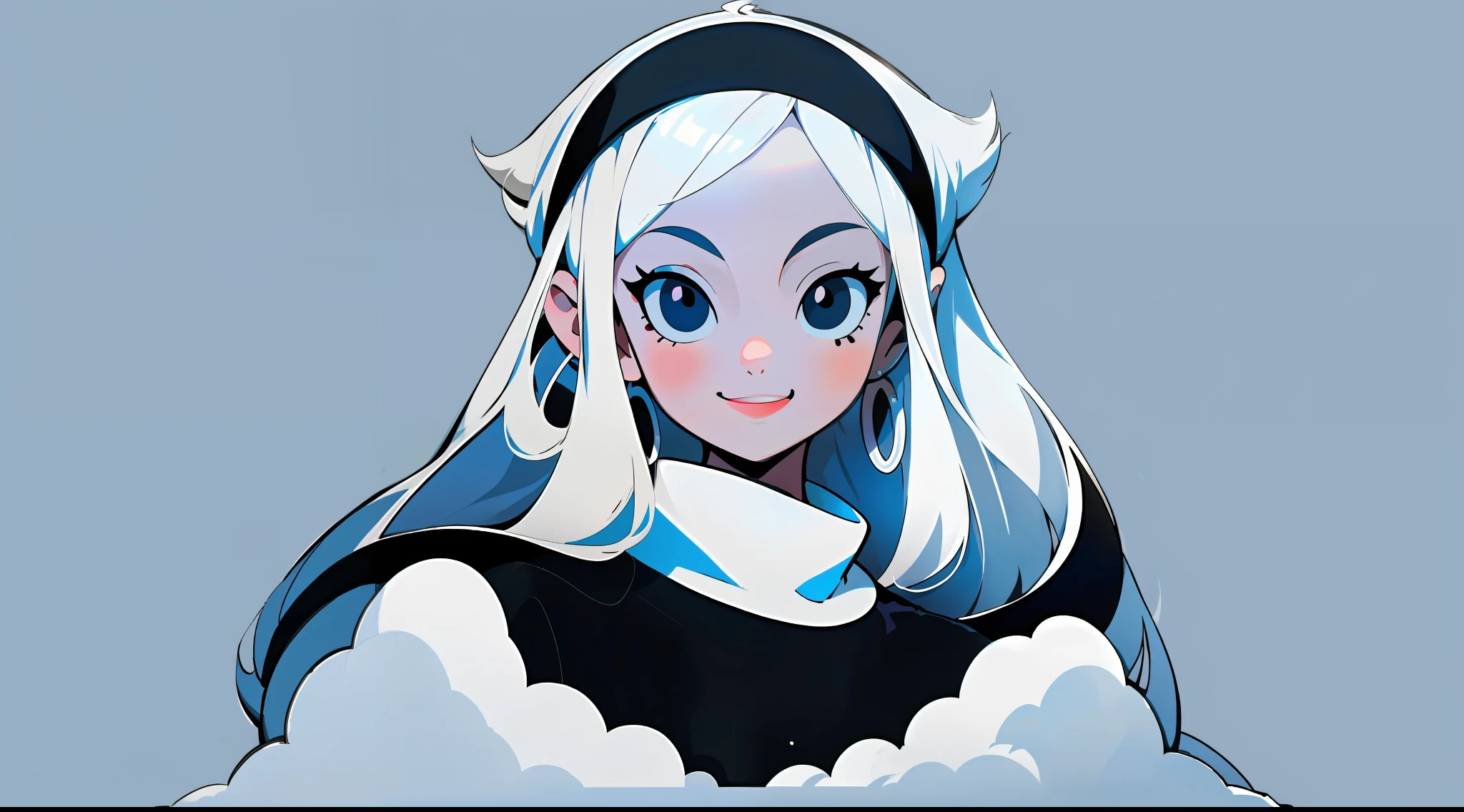 A happy fashion girl, gentle eyes, white shawl hair, black eyes, demon headband, white t-shirt, flat perspective, simple light, full body, standing, clean, vector art, character sheet, character design, concept art, cartoon, chibi, (masterpiece: 1.2), (best quality: 1.3), (minimalism))