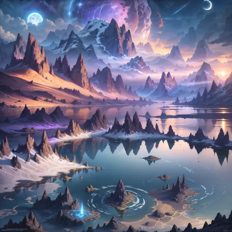 mountains and a lake with a moon in the sky, 4k highly detailed digital art, 4 k hd wallpaper very detailed, impressive fantasy ...
