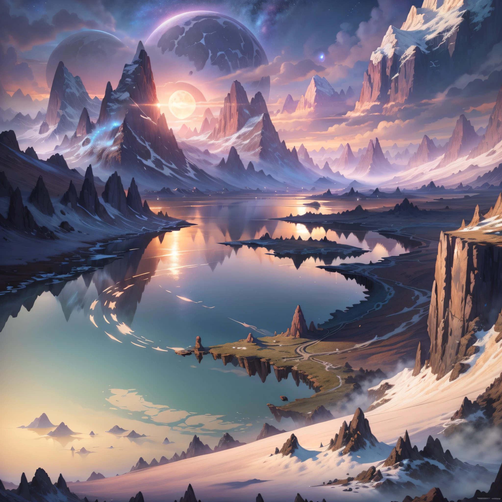 mountains and a lake with a moon in the sky, 4k highly detailed digital art, 4 k hd wallpaper very detailed, impressive fantasy landscape, sci-fi fantasy desktop wallpaper, unreal engine 4k wallpaper, 4k detailed digital art, sci-fi fantasy wallpaper, epic dreamlike fantasy landscape, 4k hd matte digital painting, 8k stunning artwork