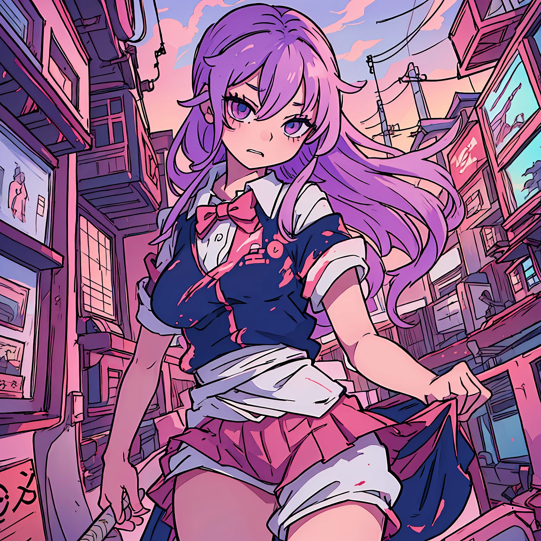 Uma linda garota que derrota um monstro que come pessoas, um desenho de anime japonês que está banhado em sangue de uniforme, Cores pastel, desenhos que dão uma sensação de segurança, caras na vida cotidiana, mas uma atmosfera séria, --auto --s2