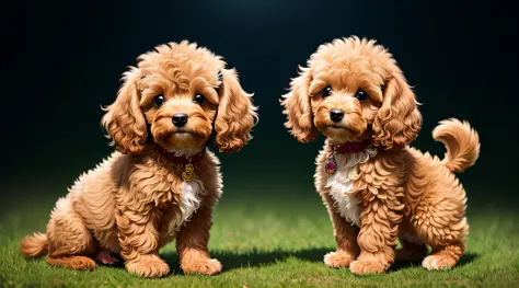 Very cute cavoodlepup illustration, 8k resolution, high resolution, super detailed, clear focus on brown poodle and very detailed character design. The use of rim lights, soft lights and sun flares should add depth and mood to the image. A fluffy, foggy, l...