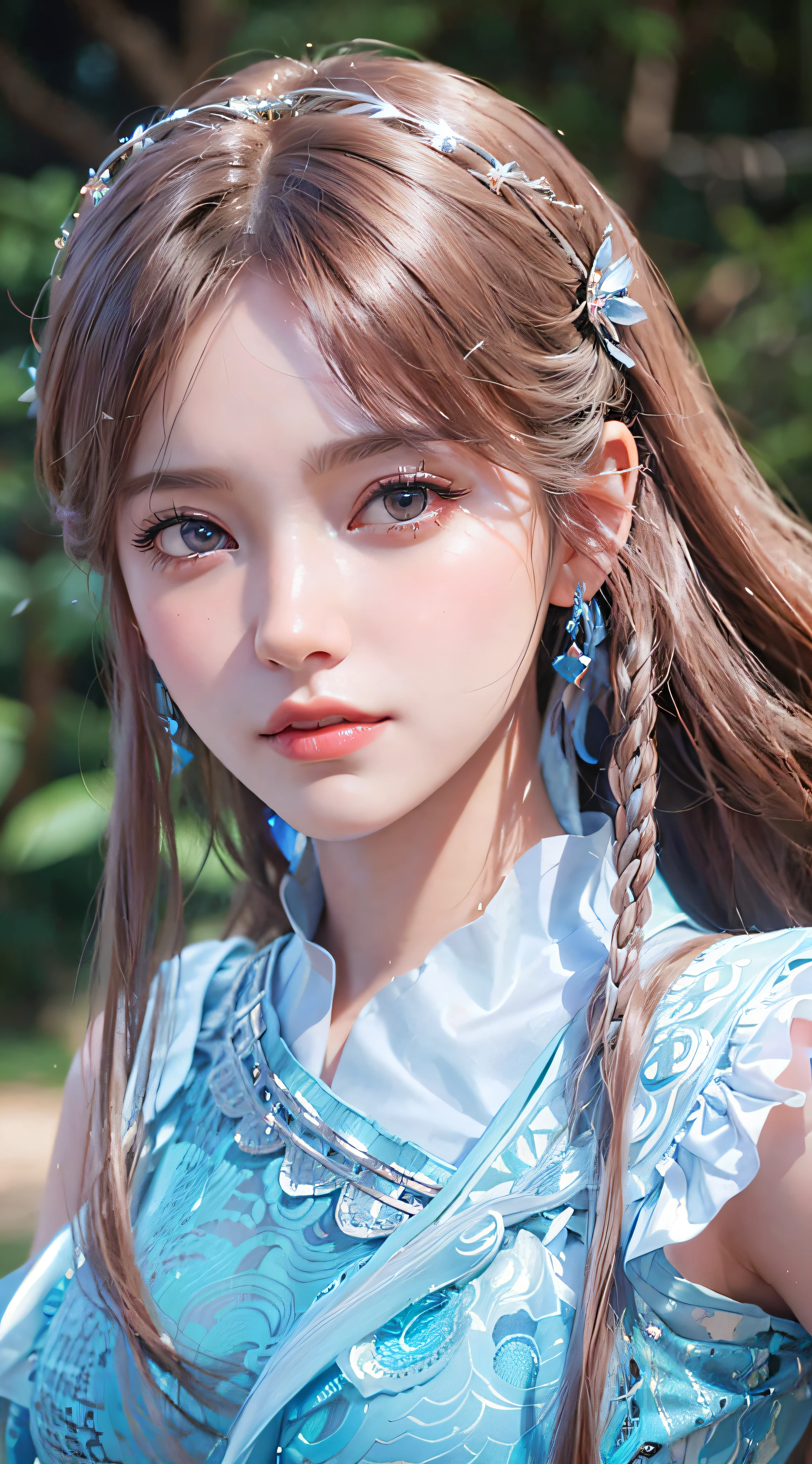 a close up of a woman with long hair wearing a blue dress, smooth anime cg art, game cg, 8k portrait render, hyperdetailed fantasy character, 8k high quality detailed art, close up character, photorealistic anime girl render, beautiful character painting, artgerm ; 3d unreal engine, 4 k detail fantasy, a beautiful fantasy empress