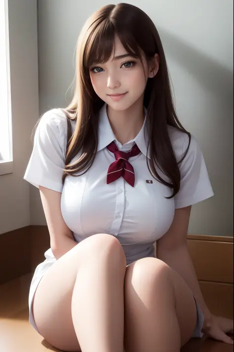 (8K), (Best Quality: 1.2), (Realistic), (Photorealistic: 1.35), ((Dignified Expression)))), Ultra High Definition, 1 Girl, Cute, Smile, Closed Mouth, Beautiful Details, Beautiful Nose, Full Body, Colossal, School Uniform, ((Glossy Thighs)))), Emphasis on T...