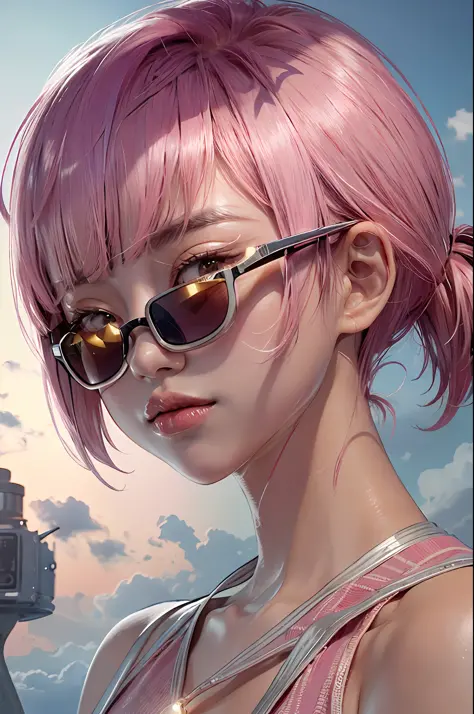 pink hair,, blunt bangs, 1girl,solo, flashy hair, photorealistic, high resolution, one girl, korean, summer, cowboy shot, sungla...