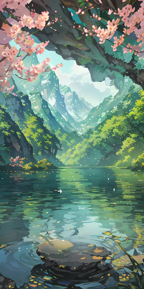 Chinese ancient times, spring, jungle, lake, cave, waterfall, tree, meadow, rock, deer, hot spring, water vapor, (illustration: ...