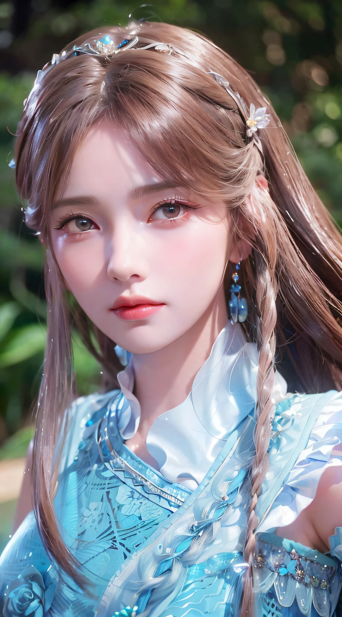 a close up of a woman with long hair wearing a blue dress, smooth anime cg art, game cg, 8k portrait render, hyperdetailed fantasy character, 8k high quality detailed art, close up character, photorealistic anime girl render, beautiful character painting, artgerm ; 3d unreal engine, 4 k detail fantasy, a beautiful fantasy empress