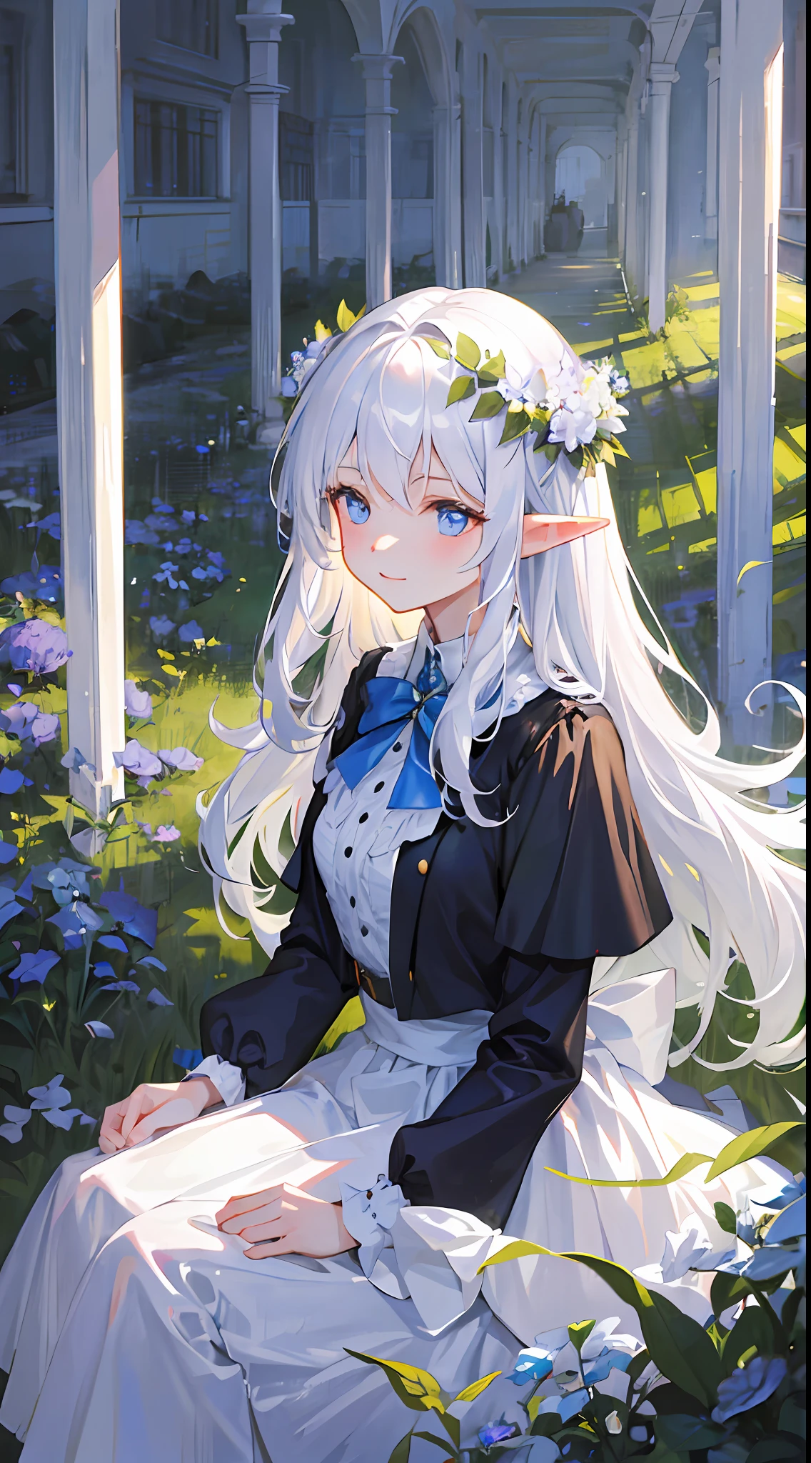 (Masterpiece, Best Quality) (Best Quality, Masterpiece), Extremely Delicate, Beautiful CG Illustration, Best Quality, High Resolution, Dynamic Angle, Full Length Lens, (1 Girl), Blue Eyes and Long Straight White Hair, High-key Lighting, White Hair, In the foggy fairy tale forest, there is a girl with white hair, she is dressed in a white dress full of flowers, stepping on delicate moss, surrounded by a sea of flowers and butterflies. With her eyes slightly closed and a gentle smile on her face, she showed a sense of inner peace and joy. Between the frowns, her eyebrows were slightly raised, revealing a hint of curiosity and exploration. The white hair appeared pure and mysterious on her, as if it were an elf-like being, exuding a charming and mysterious charm.