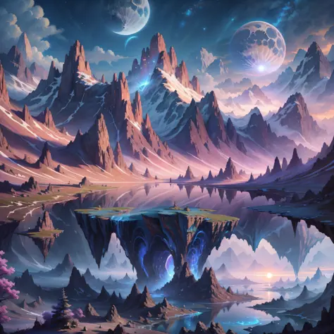 (enlarged: 1.1), mountains and a lake with a moon in the sky, 4k highly detailed digital art, 4k hd very detailed wallpaper, stu...